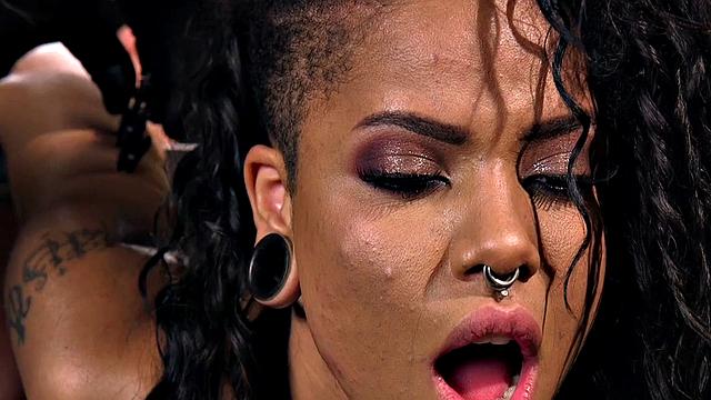 Bound subject toyed with dildo during punishment