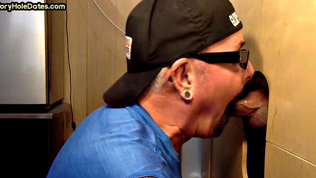 Gloryhole BJ takes cum on his face after deep sucking