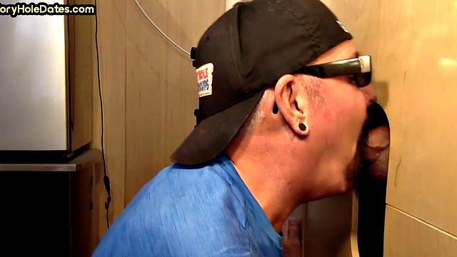 Gloryhole BJ takes cum on his face after deep sucking