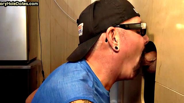 Gloryhole BJ takes cum on his face after deep sucking