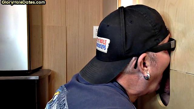 Dirty perverted nympho at gloryhole sucks and jerks dick