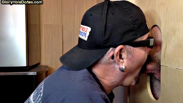 Dirty perverted nympho at gloryhole sucks and jerks dick