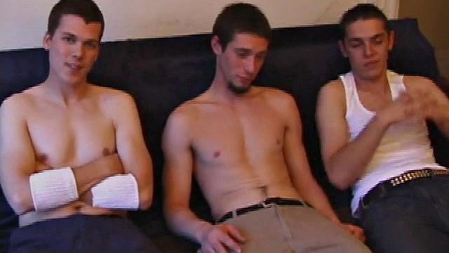 This trim threesome is really horny. Brady, Rob and Matthew quickly get naked and hard. What a sight to see as the three boys rub their dicks and talk about the porn they're watching.