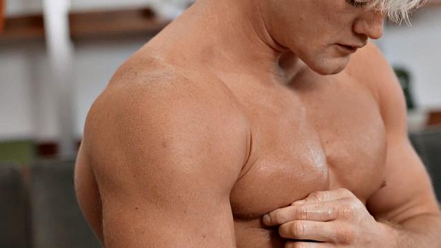 Eager athletic jock solo masturbating in gym until climax