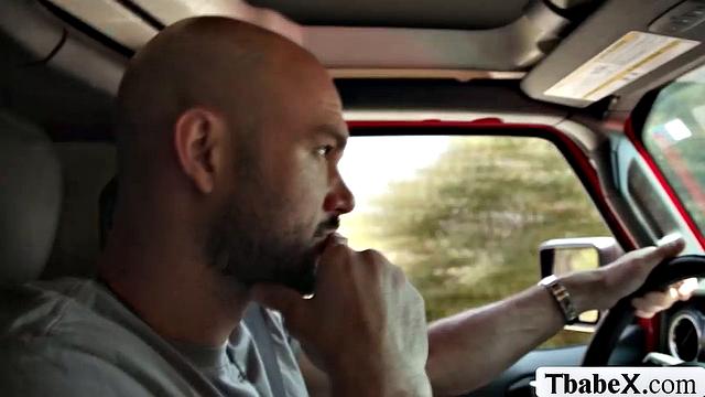 Asian TS Ember Fiera gets naughty after hitching a ride