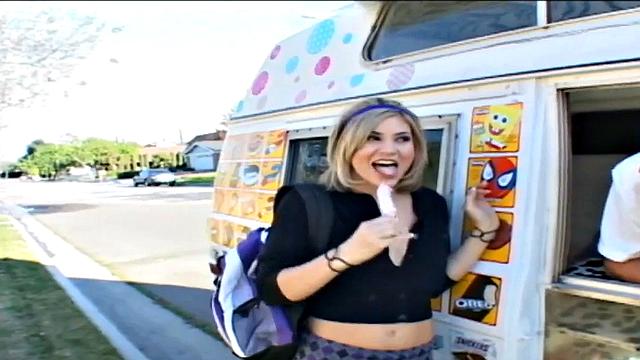 Stephanie Fucks hard in the van with driver on ice cream, gets a mouthful of jizz