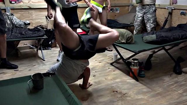 Military stud asshole fucked in voyeur orgy after blowjob