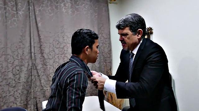 Asian twink barebacked by white business in office