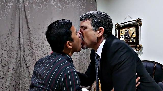 Asian twink barebacked by white business in office