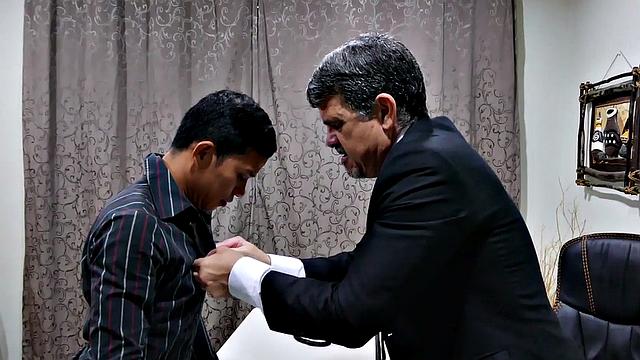 Asian twink barebacked by white business in office