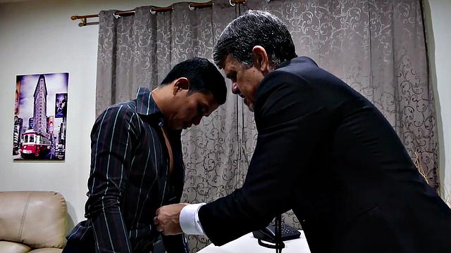 Asian twink barebacked by white business in office