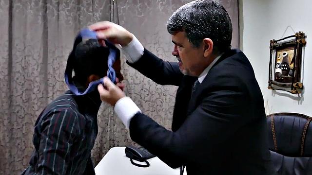 Asian twink barebacked by white business in office