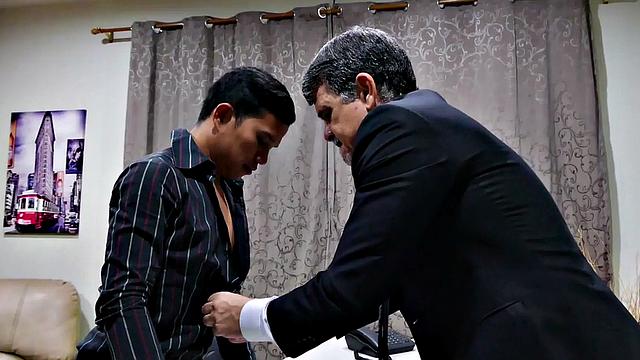 Asian twink barebacked by white business in office