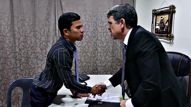 Asian twink barebacked by white business in office