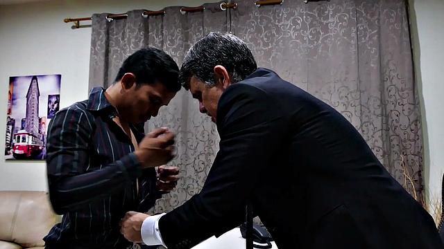 Asian twink barebacked by white business in office