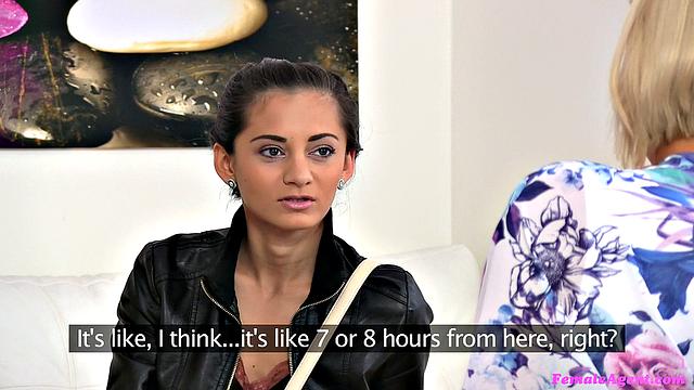 Russian babe with trimmed pussy enjoys high heels & dildo on Agent's couch