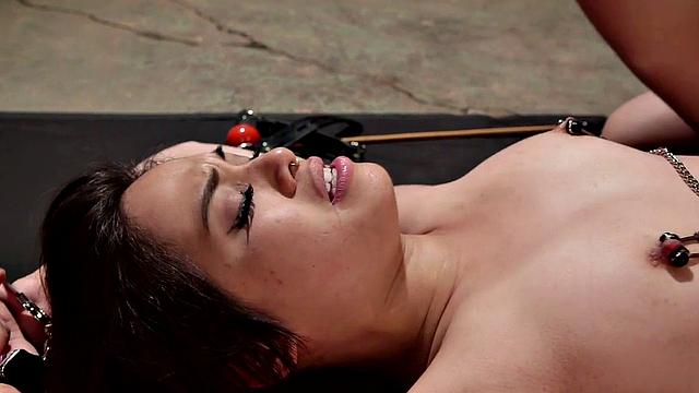 Feet whipped Asian used by lezdom for strapon fuck