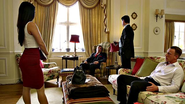 Asian babe with tattoos goes wild in business suit and reverse cowgirl with fixer