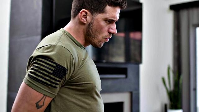 Leather harness stud fucked by military on couch