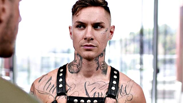 Leather harness stud fucked by military on couch