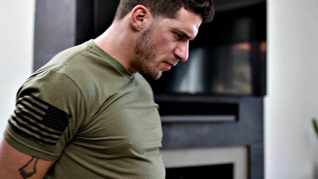 Leather harness stud fucked by military on couch