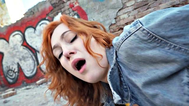 Redhead amateur babe picked up and fucked outdoors in POV
