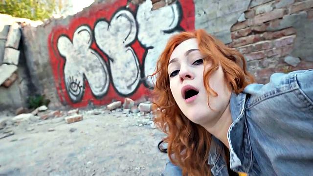 Redhead amateur babe picked up and fucked outdoors in POV