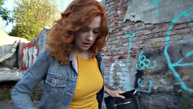 Redhead amateur babe picked up and fucked outdoors in POV