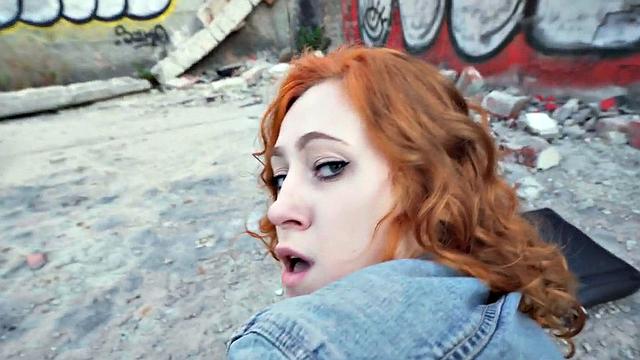 Redhead amateur babe picked up and fucked outdoors in POV