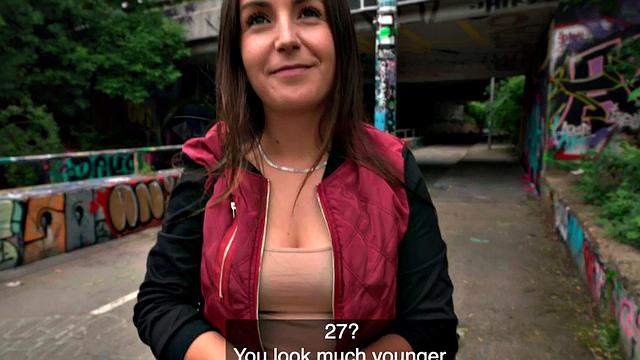 Public outdoor sex for cocksucker busty brunette babe