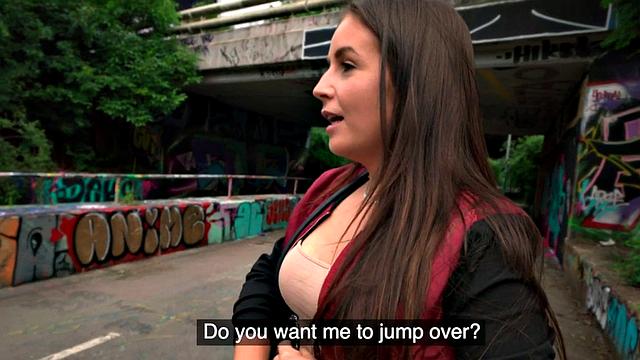 Public outdoor sex for cocksucker busty brunette babe