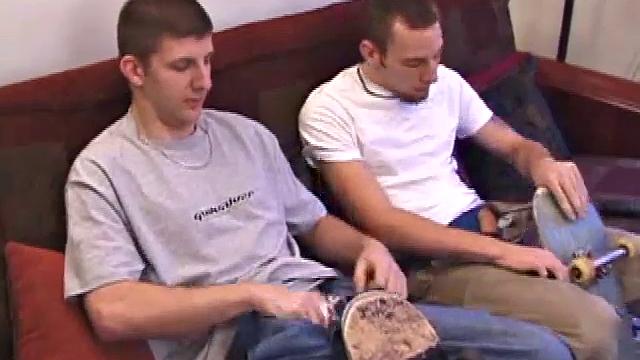 With skateboards between legs, Mark and Kent pull out their cocks for a side-by-side jerk off. Kent strips off his t-shirt and pants, and by the time they are both naked, Mark accepts an invitation to suck his cock.