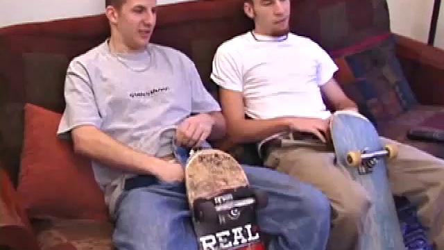 With skateboards between legs, Mark and Kent pull out their cocks for a side-by-side jerk off. Kent strips off his t-shirt and pants, and by the time they are both naked, Mark accepts an invitation to suck his cock.