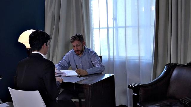 Wanting to win favor from the boss, young Francis is quick to go down on the mature man. The boy is rewarded with a good ass licking, before daddy takes his skinny butt from behind.