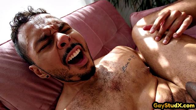 Inked skinny jock doggyfucks busty lover