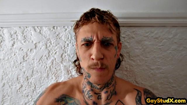 Inked skinny jock doggyfucks busty lover