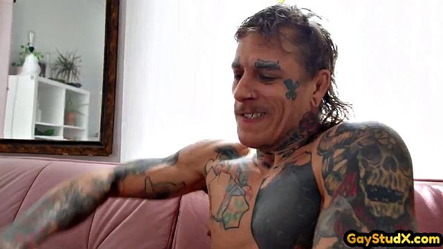 Inked skinny jock doggyfucks busty lover