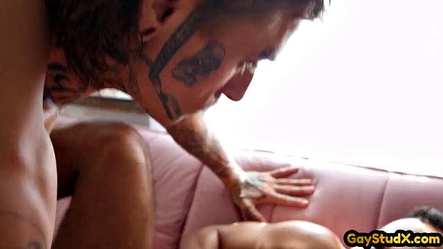 Inked skinny jock doggyfucks busty lover