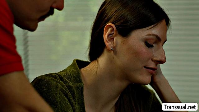 Making out with sexy brunette TS librarian