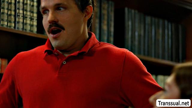 Making out with sexy brunette TS librarian