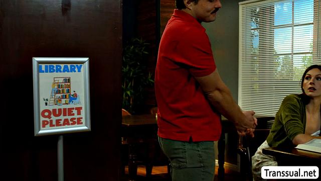 Making out with sexy brunette TS librarian