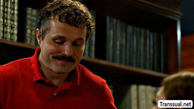 Making out with sexy brunette TS librarian