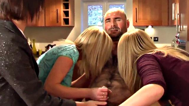 Watch this CFNM amateur tease and jerk off a lucky dude in the kitchen until he's covered in jizz