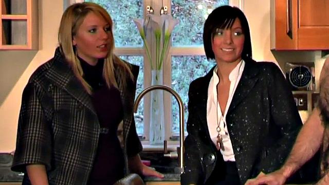 Watch this CFNM amateur tease and jerk off a lucky dude in the kitchen until he's covered in jizz