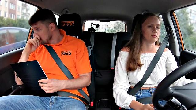 Driving busty babe fucked by tutor in car outdoor