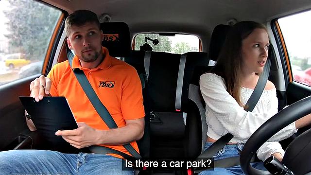 Driving busty babe fucked by tutor in car outdoor