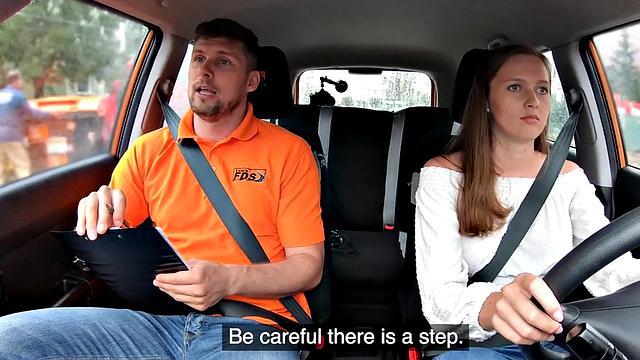 Driving busty babe fucked by tutor in car outdoor