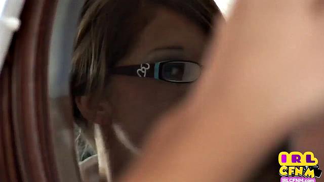 Lingerie glasses babe wanking a guy