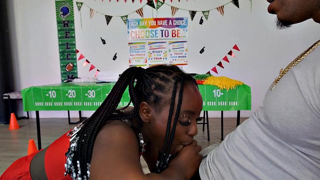 Big booty Ebony cheerleader fucked in front of voyeurs