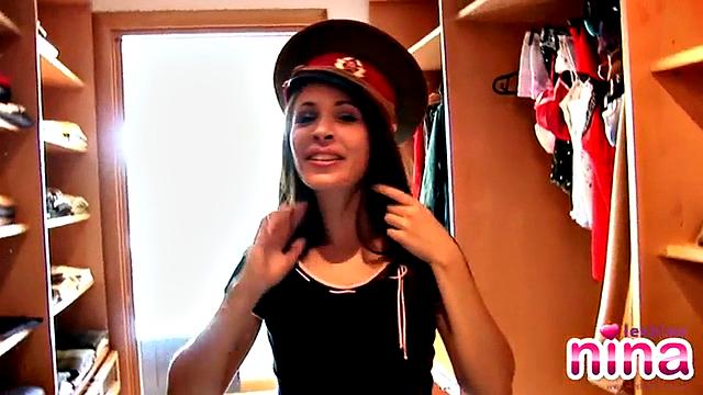 Lesbo Nina strips then gets dressed in the closest